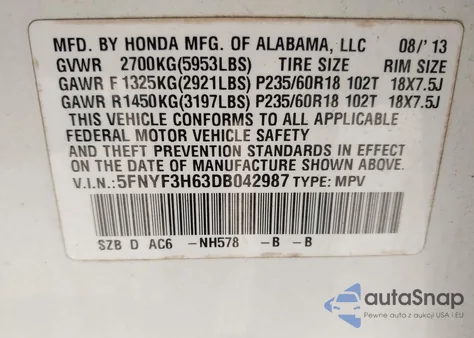 2013 Honda Pilot Ex-L z USA, uszkodzony, nr VIN 5FNYF3H63DB042987